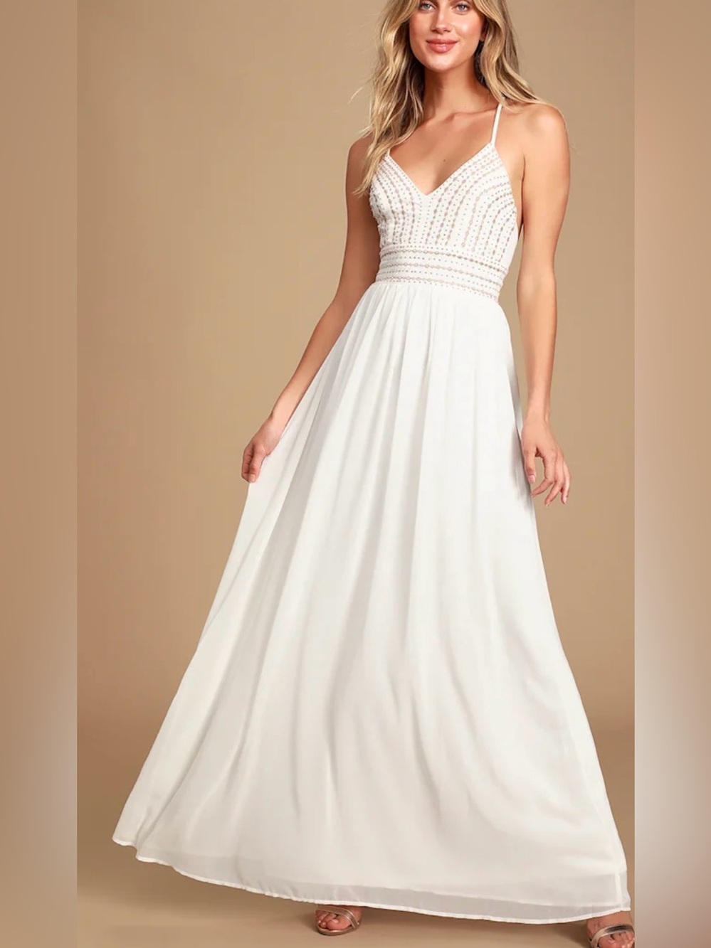 Lulu's white Beaded V-Neck Spaghetti-Strap Maxi Dress Size Large